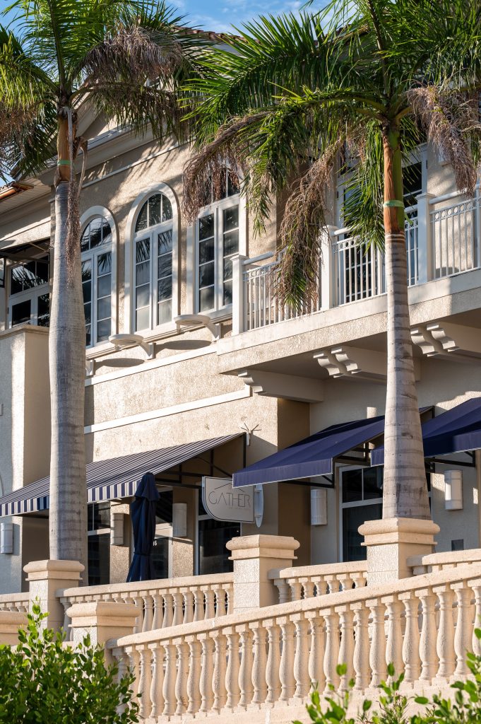 Gather restaurant exterior and sign at Tarpon Point Marina.