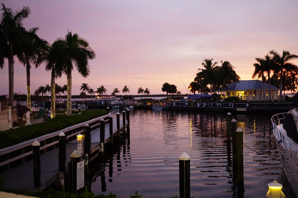 Tarpon Point Marina at sunset with palm trees and lights reflected on the water.